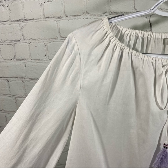 Tory Burch Madeline White Peasant Blouse with Purple and Green Detail 2 - Picture 5 of 10